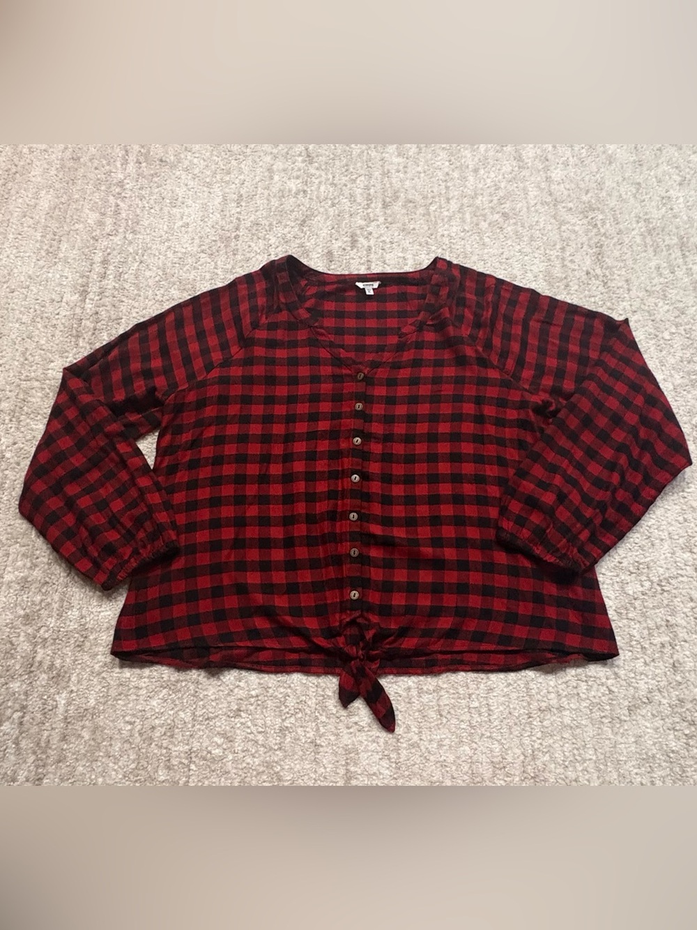 Sonoma Red and Black Plaid Button-Front Tie Hem Shirt